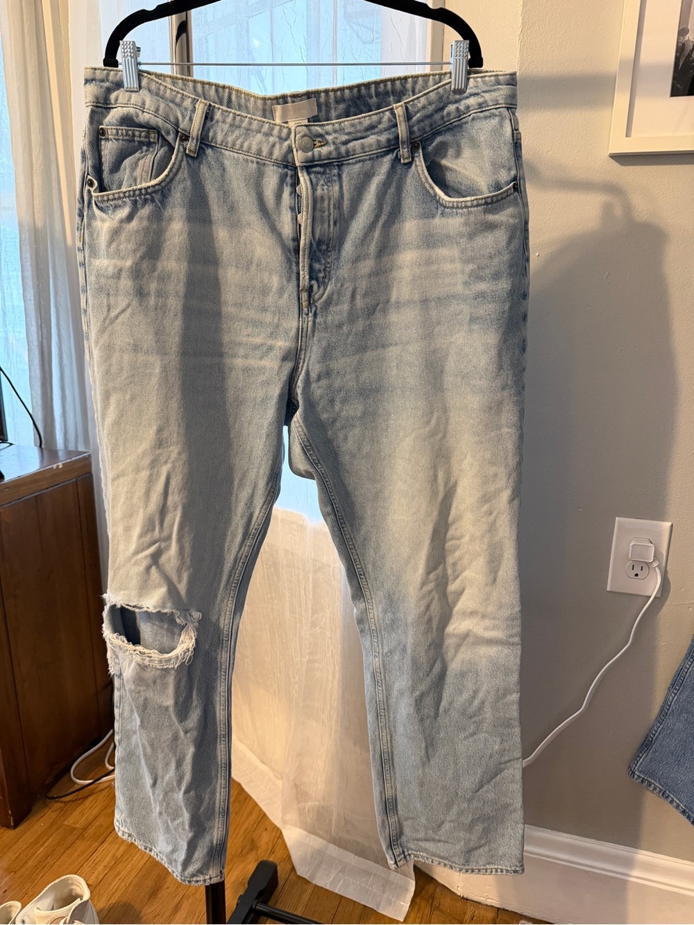 H&M Light Wash Distressed Straight-Leg Jeans